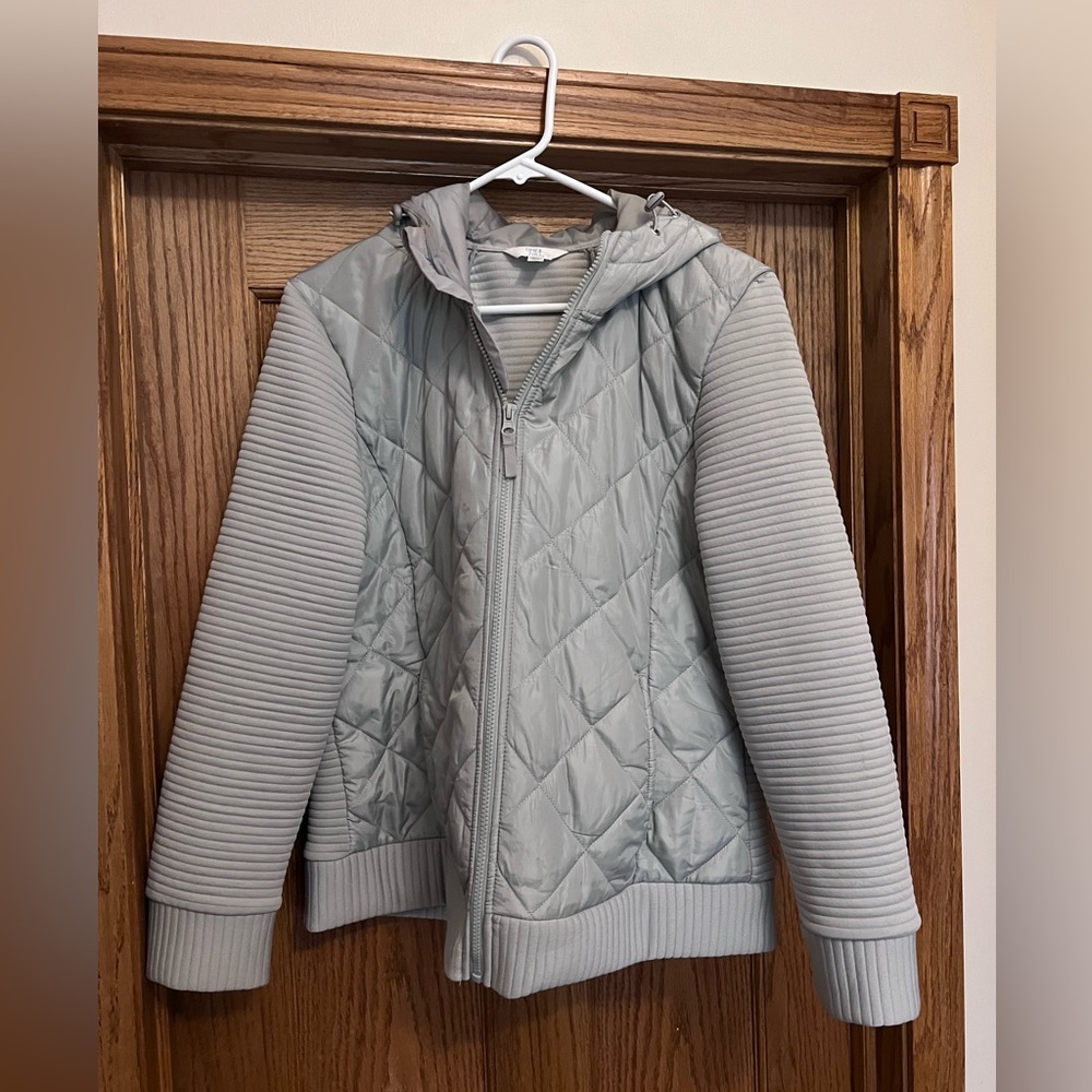 EUC time and tru women’s lightweight hooded jacket, size L, light blue